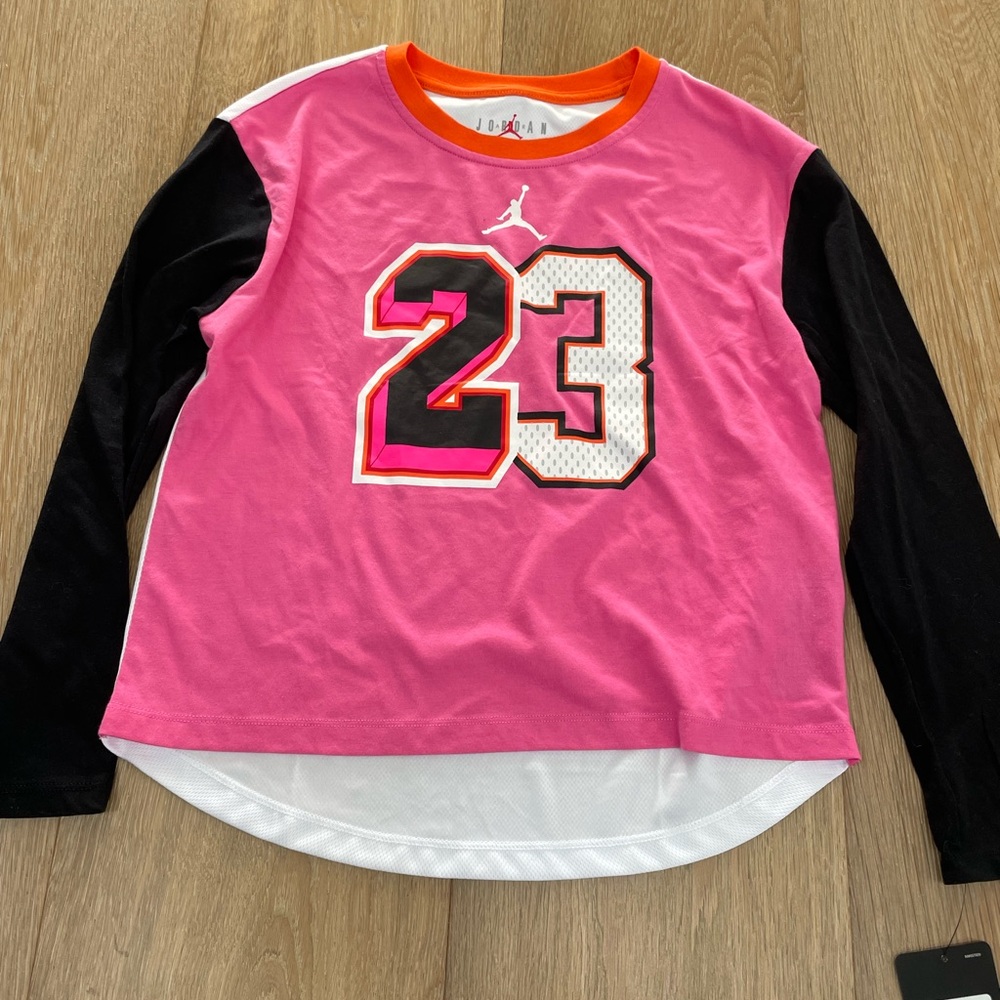 New Air Jordan Kids Pink and Black # 23 Long Sleeve Tee large